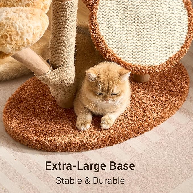 Aesthetic Flower Cat Tree Tower with Scratching Post for Indoor Cats, 30" H Modern Cat Tree with Natural Solid Wood Branch, Fluffy Cat Beds Removable & Large Scratching Board, Sunset Brown