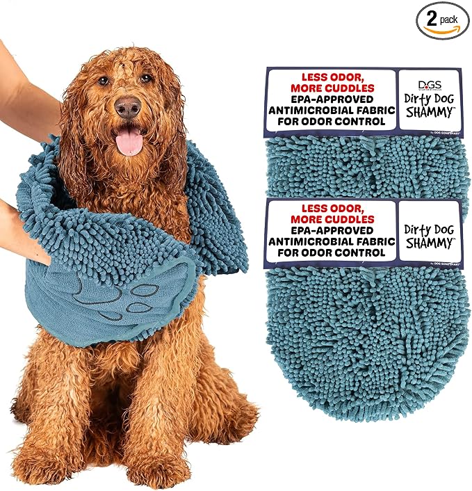 Dog Gone Smart The Dirty Dog Shammy - 2-Pack, Antimicrobial Microfiber Dog Towel for Odor Control, Fast-Drying Plush, Dual Hand Pockets & Super Absorbent, Machine Washable - 31 x 13 in, Pacific Blue