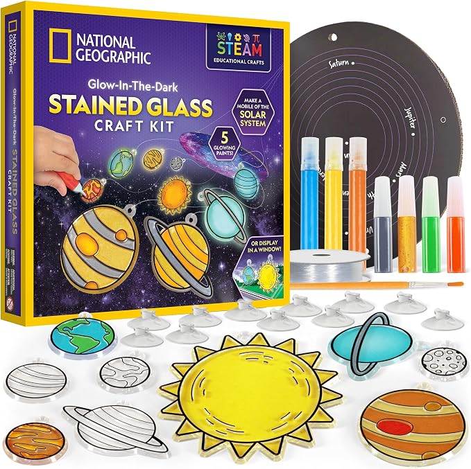National Geographic Solar System Stained Glass Suncatcher Craft Kit | Glow-in-the-Dark Planets, Window Suncatchers, Hanging Mobile, Space Room Decor, Window Art, Creative Birthday Gift