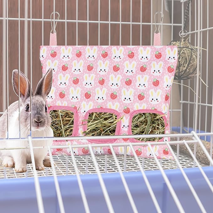 Lesnala 2pcs Bunny hay feeder Rabbit hay feeder bag Hanging guinea pig hay bag Large capacity cotton canvas fabric hay bag for Rabbits Bunny Chinchillas Hamsters and Other Small Pets(3 Holes,2 styles)