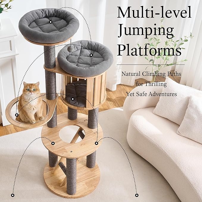 797Audio Wood Modern Cat Tree, 61.5" Tall Cat Tower with Sisal Scratching Posts, Cat Condo, Capsule and Ladder, Solid Wooden Aesthetic Multi-Level Cat Climbing Tree for Large Adult Indoor Cats-Gray