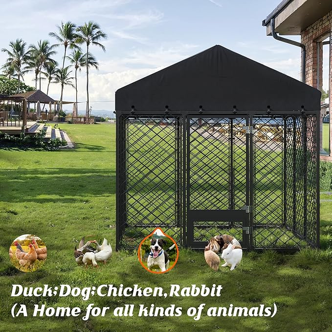 6x6FT Dog Kennel Outdoor with Roof - Heavy Duty Metal Fence Playpen for Large Dogs, Weatherproof Enclosure with Double Lock Gate & Feeding Swivel Door