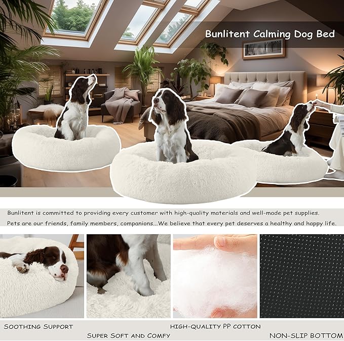Bunlitent 39'' inch Calming Dog Bed, Anti-Anxiety Donut Bed for Medium Large Dogs, Warming Cozy Soft Cute Round Washable, Marshmallow Cuddler Nest Puppy Dogs and Cats Bed, White