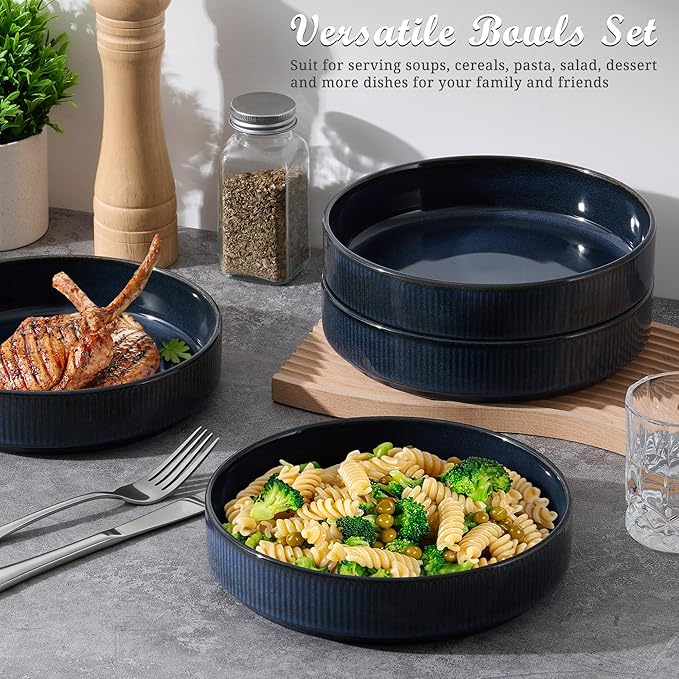 E-far Pasta Bowls Set of 4, 35oz Large Salad Bowl Plate for Dinner Serving, Wide & Shallow Ceramic Stoneware Pasta Plates, Microwave & Dishwasher Safe, Reactive Glaze Textured Stripes, Dark Blue