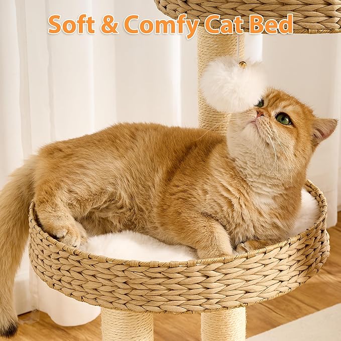 Modern Cat Tree Small Tower with Scratching Post for Indoor, Solid Wood Multifunctional Corner Cat Tree Tower with Bed