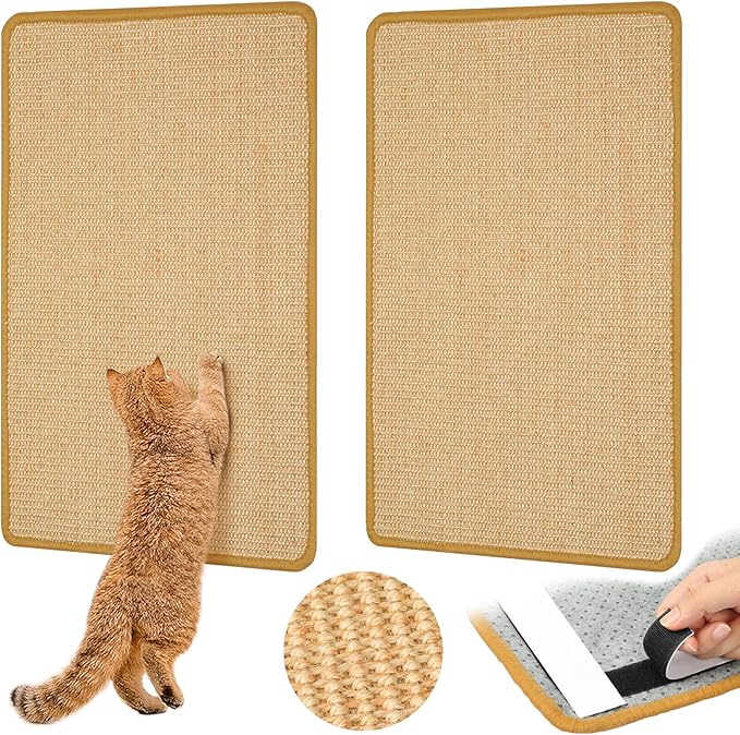 Graciadeco Carpet Cat Scratching Mat Sisal, 2 Packs Sisal Fabric Large 23.6" x 15.7" Scratching Pad for Indoor Cats with Adhesive Hook Loop Tape, Cat Scratching Rug Wall Scratchers for Indoor
