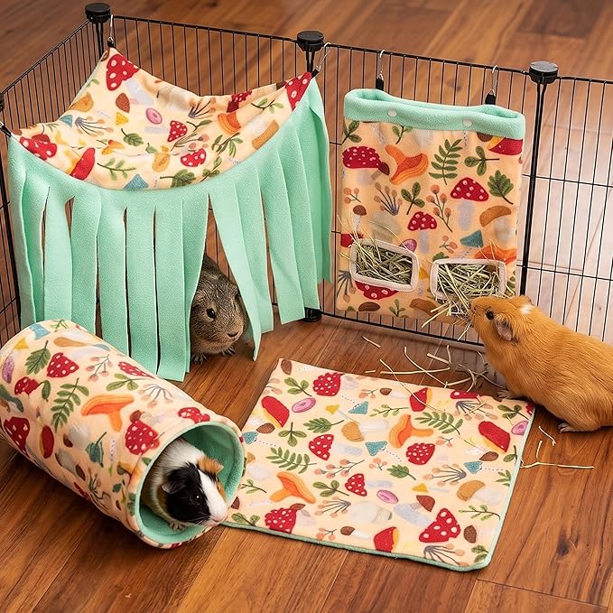 Guinea Pig Hideout, 4 Pack Fleece Cute Small Animal Tunnel & Hay Feeder Bag & Mat & Corner Hideout Cage Accessories for Guinea Pigs, Rabbit, Bunny, Ferret, Chinchilla, Hedgehogs