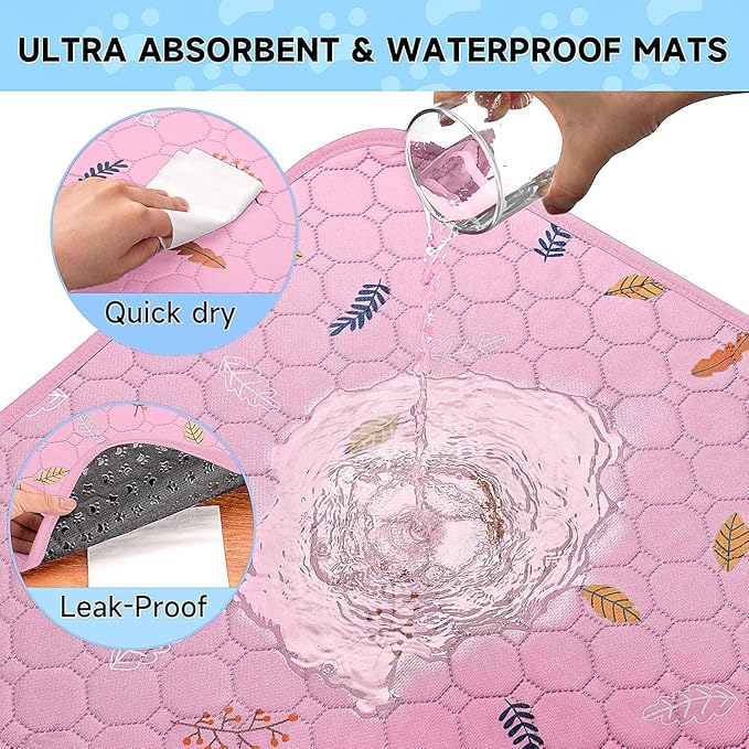 Sunheir Washable Pee Pads for Small Pet 5-Pack, Reusable Pet Training Pads Absorbent & Leak-Free, Waterproof Pee Pads for Dog Cat Rabbit Guinea Pig Hamster, Whelping Pad (Leaves - Pink, 12x12)
