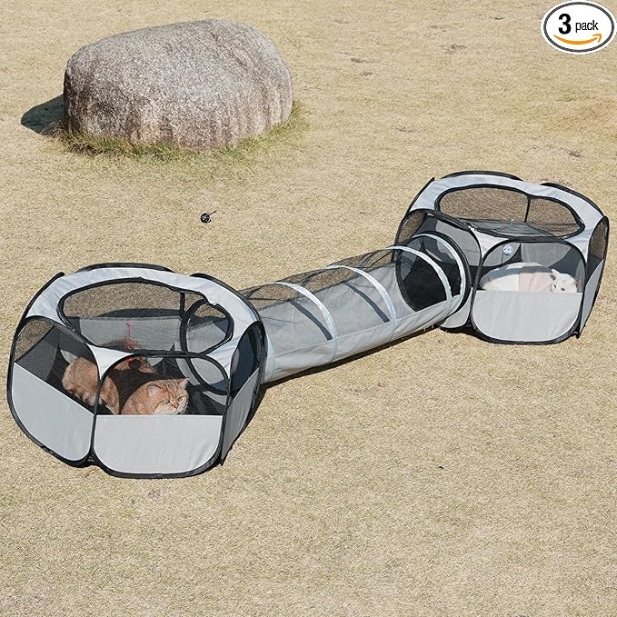 Outdoor Cat Enclosure,Cat Playground Tent for Outdoor and Indoor Playpen Portable Cat Tunnels, Foldable Cat Tubes Toys for Kitten, Puppy, Rabbit and Small Animals(2 Small Hexagonal Cubes+Tunnel)
