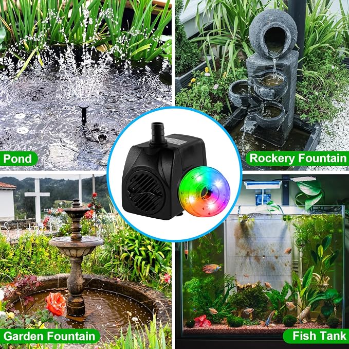 15W 800L/H Submersible Fountain Pump with LED Lights, Adjustable Quiet Water Pump, Pond Fountain Pumps for Water Feature, Garden, Aquarium Fish Tank, Indoor Outdoor Fountain with 3 Type Nozzles