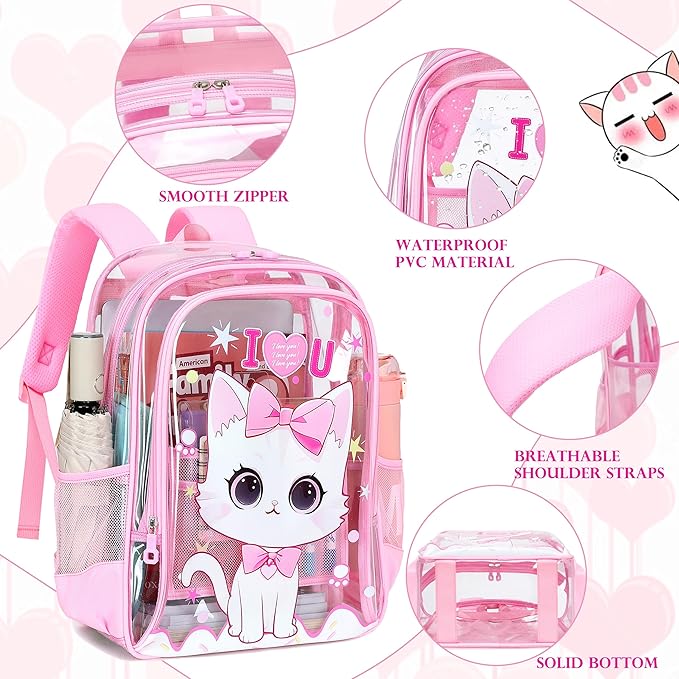 AO ALI VICTORY Clear Backpack for School,PVC Transparent Kids Bookbag for Girls Boys Cute Toddler Back Pack Kindergarten Elementary Schoolbag Stadium Approved See Through Backpacks,Pink Cat