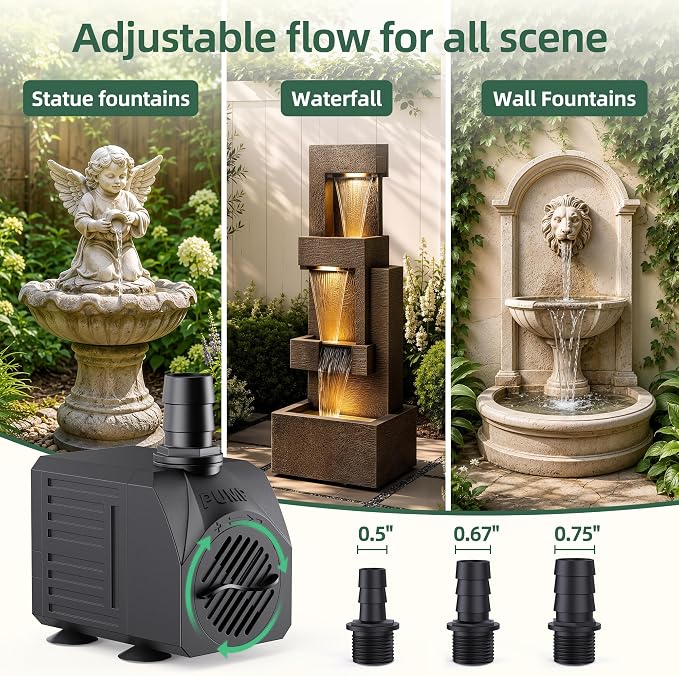 Reliable Waterfall Fountain Pump：Run 24/7 for Stable Circulation | 30W 550GPH 7.2ft Adjustable for 2-5ft 2-4 Tier Fountain & 185℉ Dry Burn Safe - 20dB Ultra Quiet Only Natural Water Sound