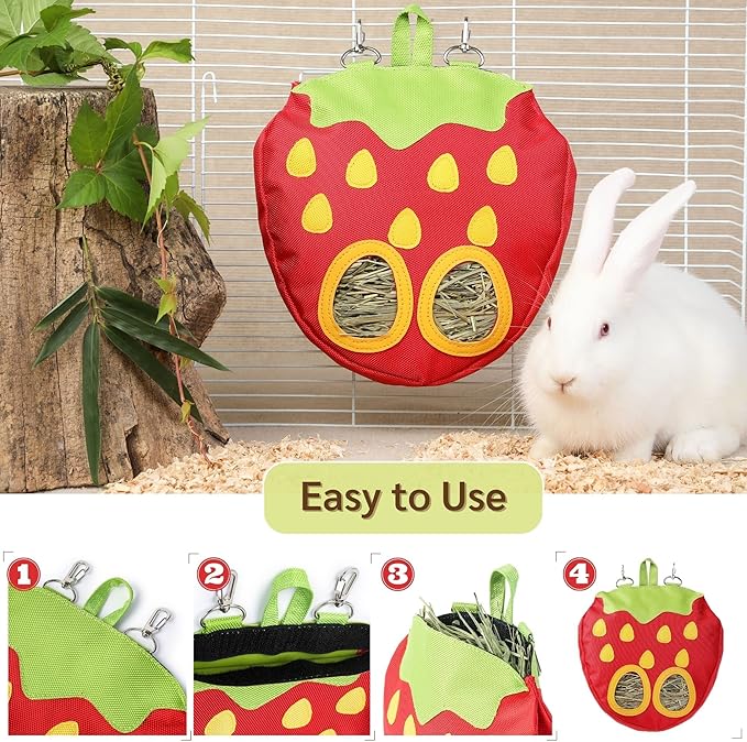 JanYoo Rabbit Hay Feeder Bag for Cage Guinea Pig Timothy Hay Dispenser Storage Manger Hanging Large Less Waste for Bunny