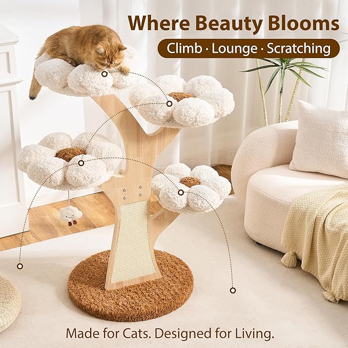 Aesthetic Flower Cat Tree Tower with Scratching Post for Indoor Cats, 48" Modern Cat Tree with Wood Sculpted Branch, Flower Cat Beds, Scratching Board & Interactive Squeaky Toy, Creamy White