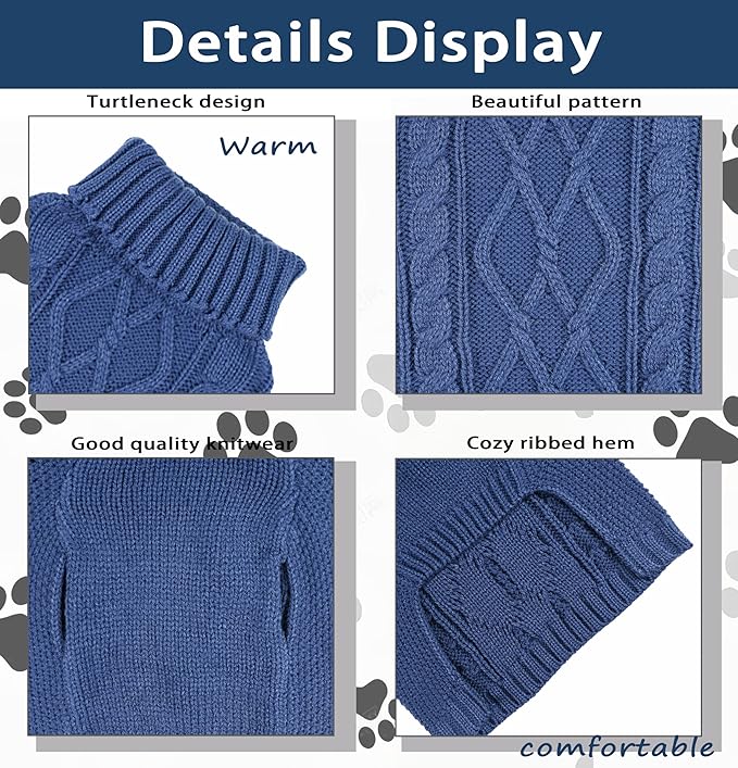 Cute Puppy Turtleneck Sweater for Small Dogs - Warm Dog Clothing for Dachshunds & Cats - Blue, Large