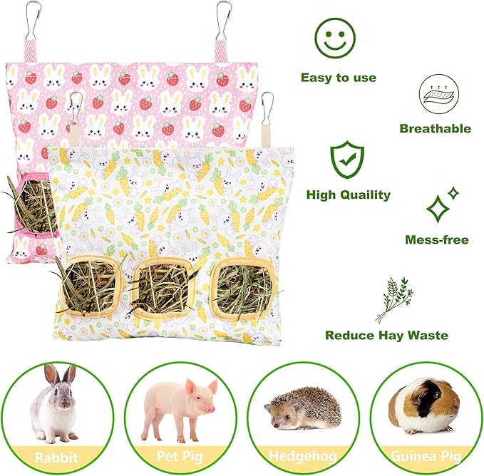 Lesnala 2pcs Bunny hay feeder Rabbit hay feeder bag Hanging guinea pig hay bag Large capacity cotton canvas fabric hay bag for Rabbits Bunny Chinchillas Hamsters and Other Small Pets(3 Holes,2 styles)
