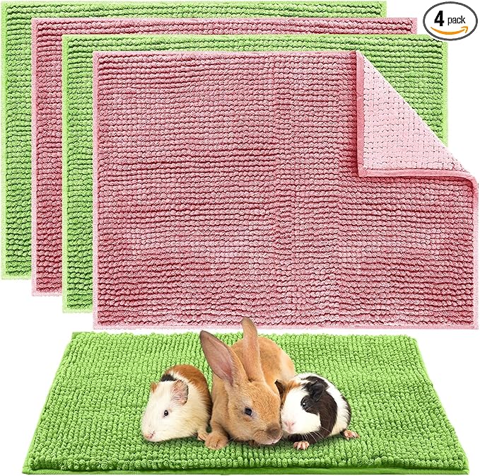 Amylove 4 Pcs Guinea Pig Cage Liner Washable Fleece Pee Pads Pet Dog Cat Bedding Training Mat for Small Animal Guinea Pig Puppy Bunny Hamster(16 x 24 Inch,Rectangular,Green Pink)