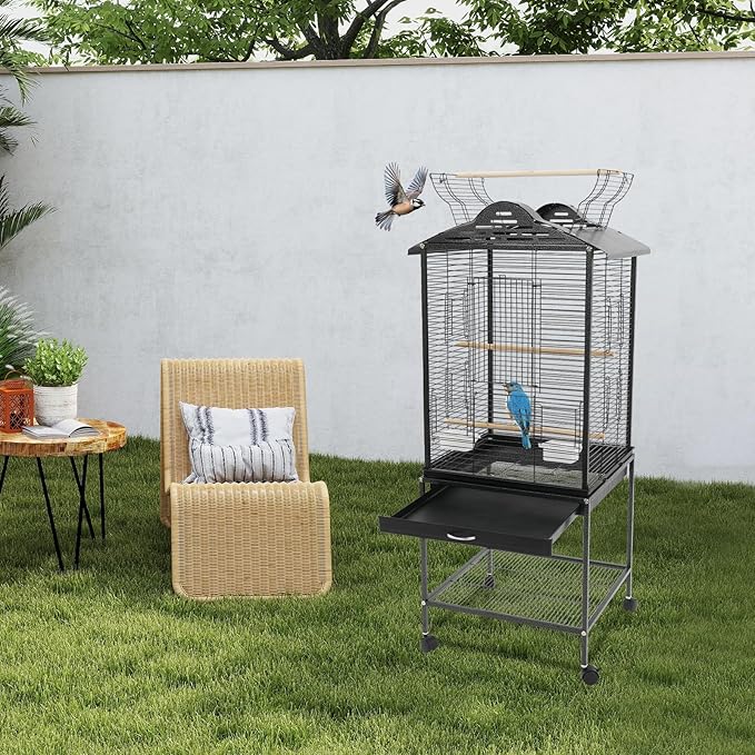 Large Playtop Bird Cage with Rolling Stand, 48 Inch Metal Frame Bird Habitat with Skylight Door & Pull-Out Tray for Cockatiel Budgie Lovebird Sun Conure
