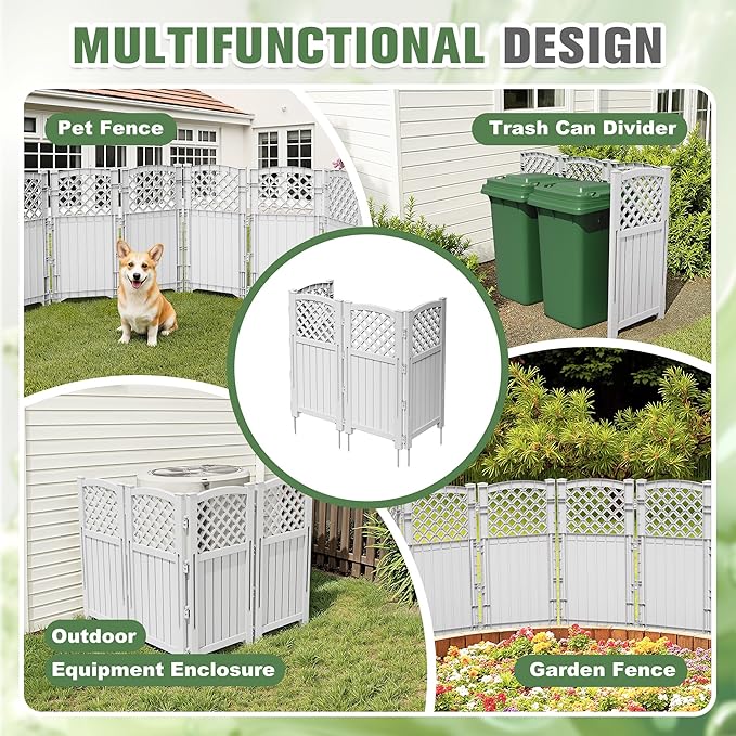 Greesum Air Conditioner Privacy Fence Screen, 4 Panels Trash Can Enclosure, 49.45" H x 22.62" W, Weather Resistant for Outdoor Pool Equipment, Garbage Bins, Grey