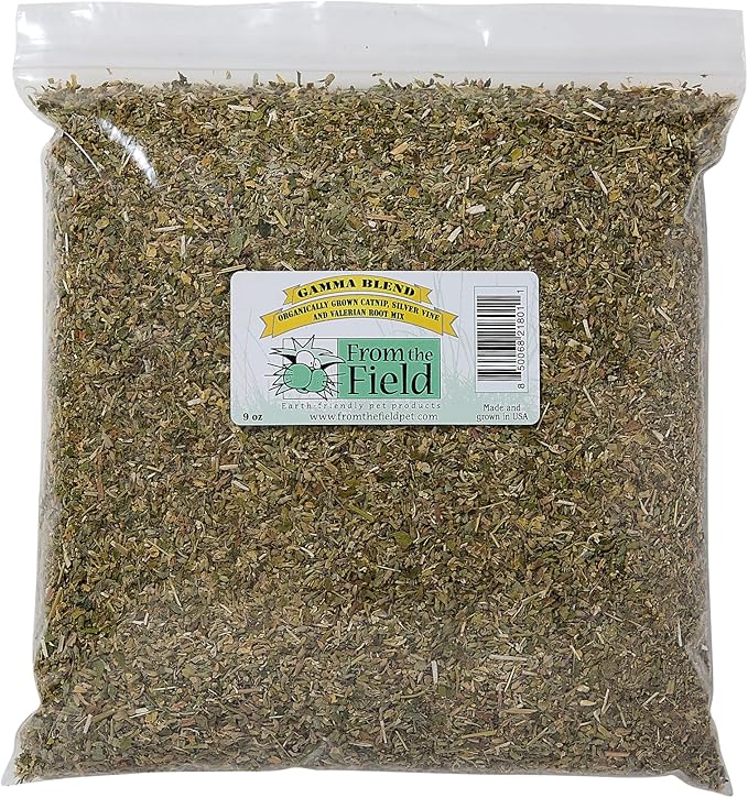 From The Field Gamma Blend | Catnip Leaf and Flower, Silver Vine & Valerian Root Mix | Fresh USA-Grown Organic Catnip for Cats | Potent | Resealable Bag 9 OZ