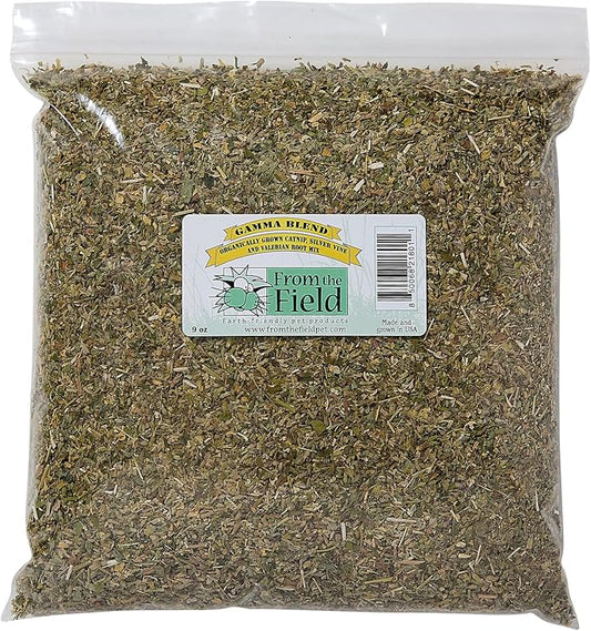From The Field Gamma Blend | Catnip Leaf and Flower, Silver Vine & Valerian Root Mix | Fresh USA-Grown Organic Catnip for Cats | Potent | Resealable Bag 9 OZ