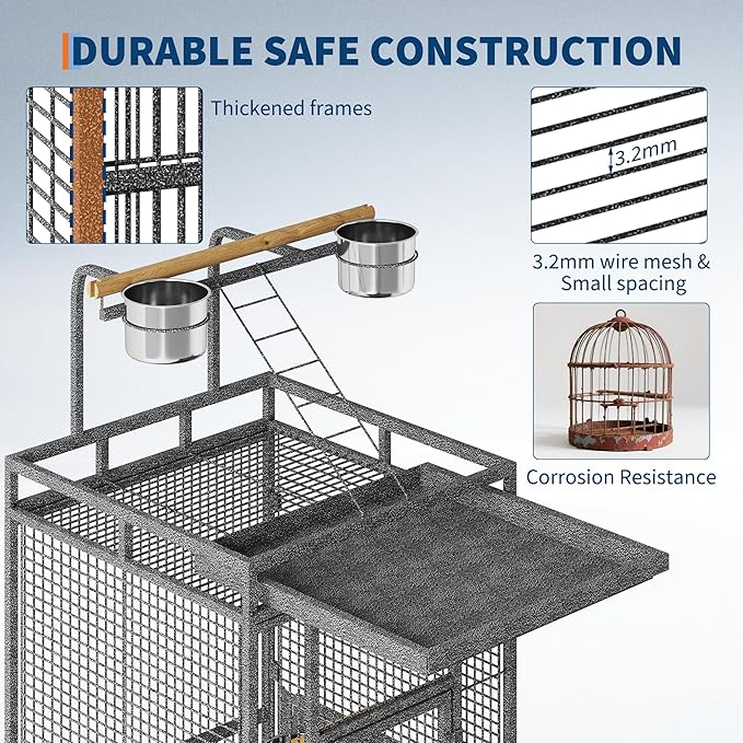 61 Inch Metal Bird Cage with Stand Large Rolling Parrot Cages with Play Top Seed Catcher Removable Tray Parrot Cage for Lovebirds Cockatiels Pigeon Finches, Black