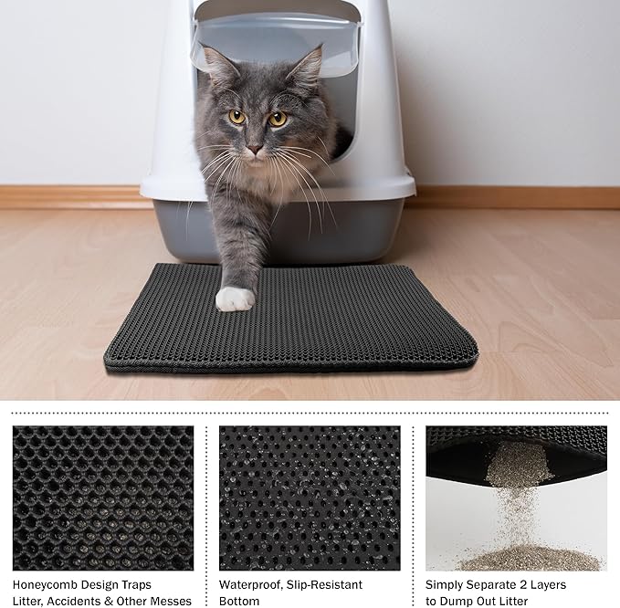 Cat Litter Mat - 24x15 Waterproof Litter Box Mat with Dual-Layer Honeycomb Design for Trapping Litter - Slip-Resistant Cat Mat by PETMAKER (Black) (Pack of 2)