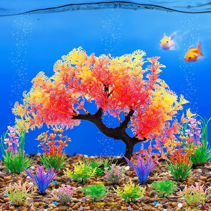 MyLifeUNIT Fish Tank Decorations, 15 Pack Artificial Aquarium Plants Tree Set for Fish Tank Decor (Pink Set)