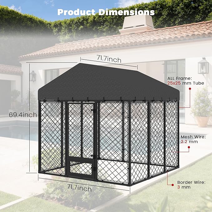 6x6x5.8 FT Heavy Duty Dog Kennel Outdoor with Water-Resistant Roof, Anti-Rust Metal Enclosure for All Weather Resistant, Secure Double Locks for Large Dogs Backyard