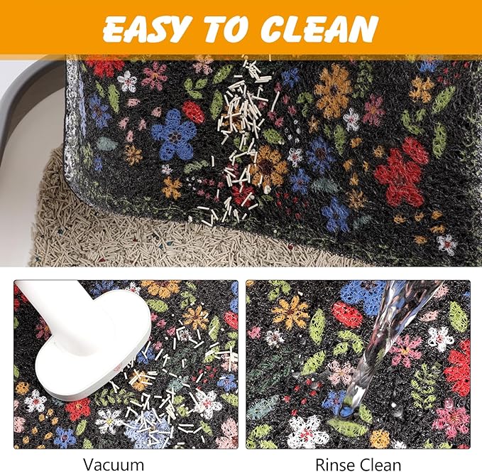 ondware Cat Litter Mat, 20x15 in Litters Box Mat Waterproof Non-Slip Easy to Clean Washable Trapping Mat for Kitty(Black Leaves)