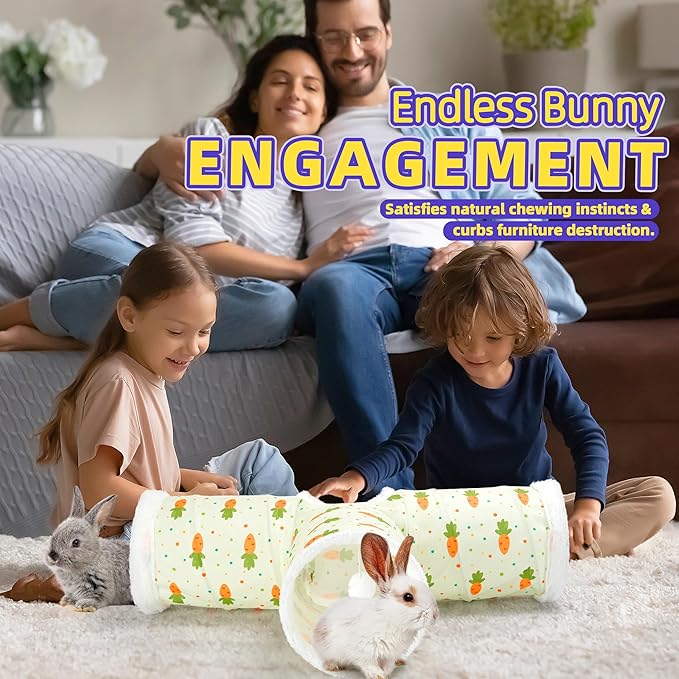 Bunny Tunnels & Tubes Collapsible 3 Way Rabbit Hideout with 13pcs Toys for Bunny Guinea Pig Hamster Chinchilla Hedgehog Rat Ferret Kitten (Fleece Carrot)