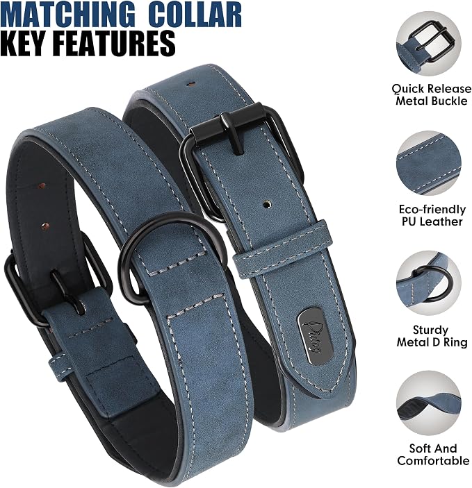 Didog Soft Padded Leather Dog Collar and Leash Set, Adjustable Dog Leash and Collar Set with Metal Buckle, Breathable Dog Collars with 4FT Faux Leather Dog Leash for Small Medium Large Dogs, Blue, XL