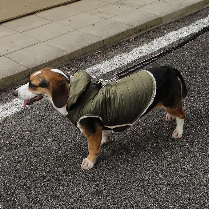 Vecomfy Fleece Lining Dog Hoodie with Harness Built in,Extra Warm Large Dog Jacket in Winter Doggie Coats with Drawstring Hooded,Green XXXL