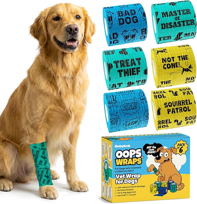 Vet Wrap for Dogs – Funny Dog Bandage for Wounds – Boys 6 Pack 2" Self-Adhesive Vet Tape – Breathable Pet Wrap Bandage for Hot Spots & Injuries – Dog First Aid Kit Supplies – Oops Wraps by Rubyloo