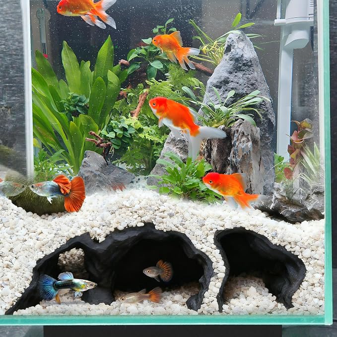 Fish Tank Hideout Cave, Aquarium Decor for Pleco Shrimp and Corydoras | Aquarium Ornaments Cave Tunnel with Viewing Ports | & Corydoras | Substrate-Friendly Design & Sinking Base