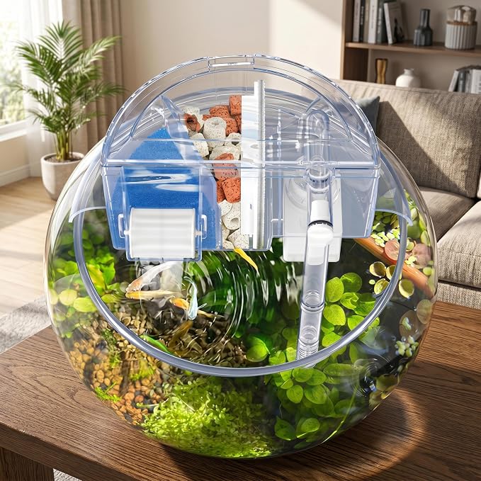 Hang On Back Aquarium Filter, 3-in-1 Filtration, Oxygenation & Circulation System, Fish Bowl Filter for Round Bowl, Fits 5.35-7.01 Inch Diameter.