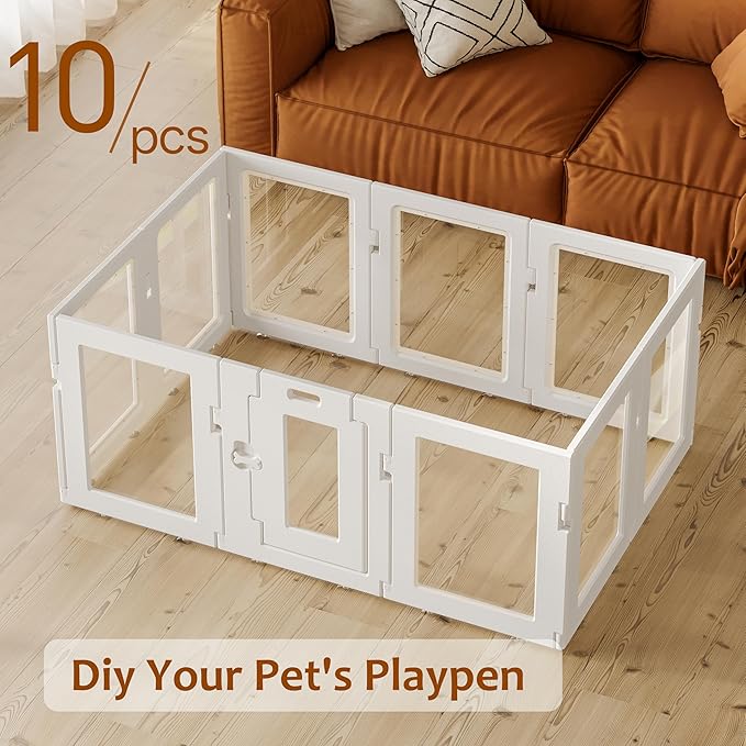 Clear Acrylic Dog Playpen Indoor, Puppy Cat Small Pet Play Pen, Easy Assemble & Disassemble Sturdy Plastic Dog Fence with Heavy Duty Door Lock (24In H, 10PCS), White