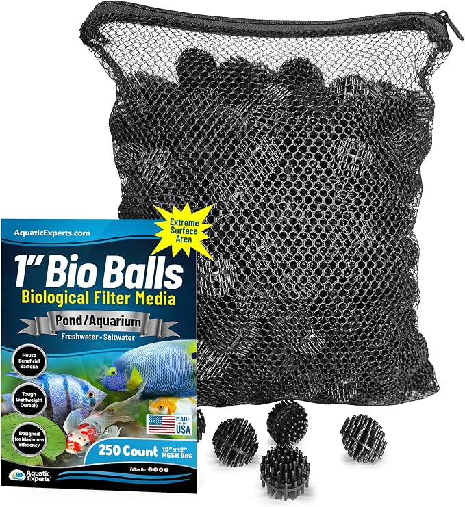 Aquatic Experts 1" Small Bio Balls for Aquariums & Small Ponds – Biological Filter Media for Canister Filters, Sumps & Wet/Dry Systems, Made in USA (250 Count + 10" x 12" Mesh Bag)