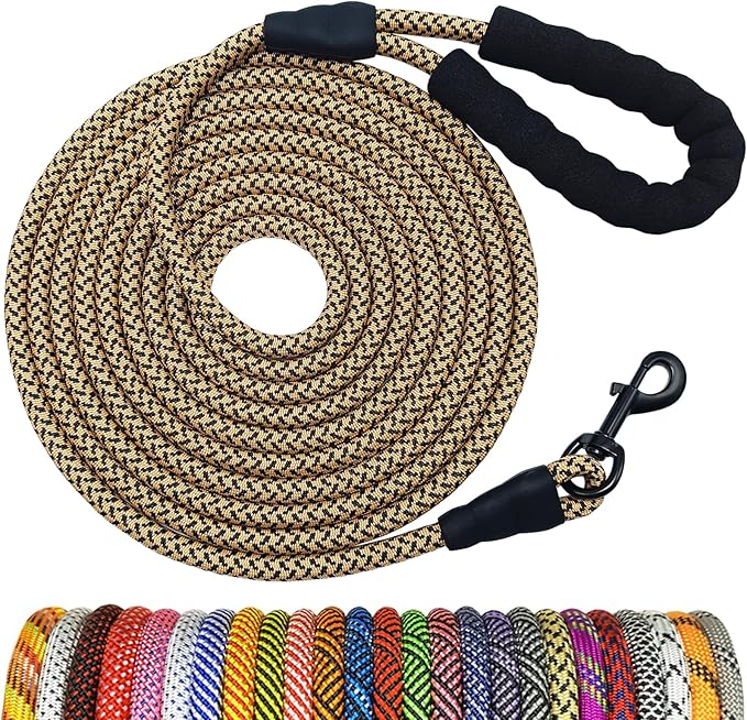 MayPaw Heavy Duty Rope Dog Leash, 6/8/10/15/20FT Long Dog Lead Nylon Pet Leash, Soft Padded Handle Thick Lead Leashes for Large Medium Dogs (Brown, 1/2" * 15')