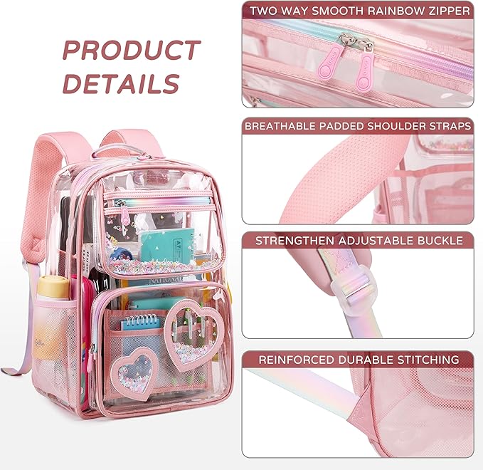 Clear Backpack for Girls,Clear Bookbag Heavy Duty Transparent Backpacks for Stadium Events, See Through Back Pack for Kindergarten Elementary Middle High School (Pink)