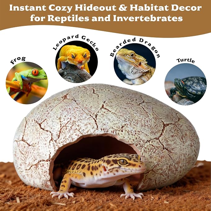 Dinosaur Egg Reptile Hide - Resin Cave for Leopard Gecko, Bearded Dragon & Small Snakes - Humid Hide, Shedding Aid & Terrarium Decor Tank Accessories (Small)