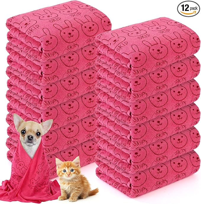 Irenare 12 Pcs Microfiber Dog Towels for Drying Dogs Cats, 20 x 40 Inch, Quick Drying Absorbent Pet Puppy Towels for Small Puppy Dog Cat Kitten Pet, Grooming Bathing Shower Travel Supplies(Pink)