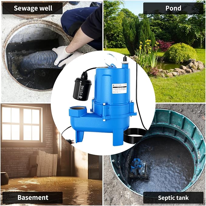 FOTING 1.5HP 9000GPH Sump Pump Submersible Sewage/Effluent Pump | Heavy Duty Cast Iron Automatic/Manual, 2'' NPT Discharge Septic Pump for Sump Basin/Residential/Sewage/Basement, Blue