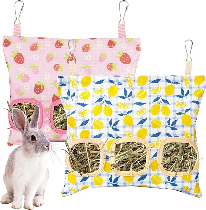 Lesnala 2pcs Bunny hay feeder Rabbit hay feeder bag Hanging guinea pig hay bag Large capacity cotton canvas fabric hay bag for Rabbits Bunny Chinchillas Hamsters and Other Small Pets(3 Holes,2 styles)
