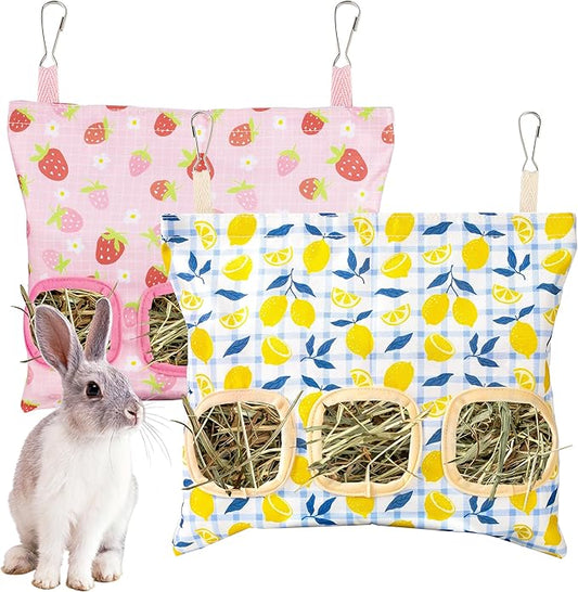 Lesnala 2pcs Bunny hay feeder Rabbit hay feeder bag Hanging guinea pig hay bag Large capacity cotton canvas fabric hay bag for Rabbits Bunny Chinchillas Hamsters and Other Small Pets(3 Holes,2 styles)
