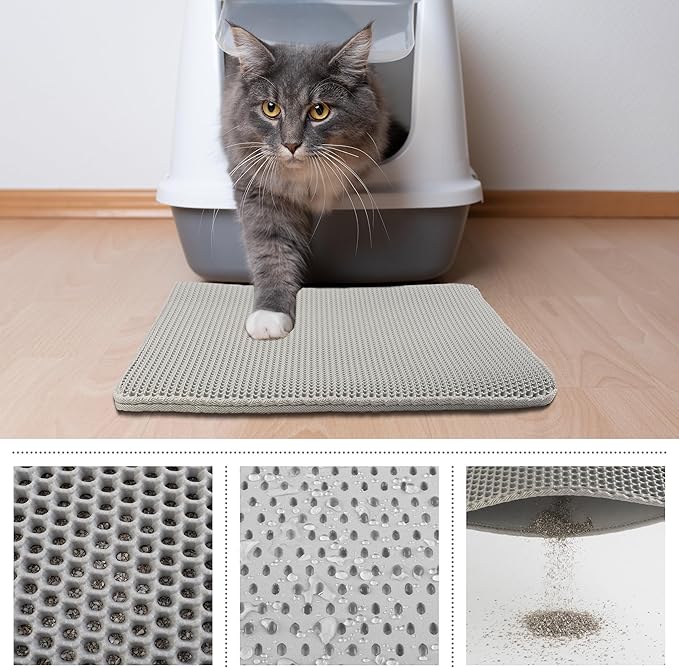 Cat Litter Mat - 24x15-Inch Waterproof Litter Box Mat with Dual-Layer Honeycomb Design for Trapping Litter - Slip-Resistant Cat Mat by PETMAKER (Gray) (Pack of 2)