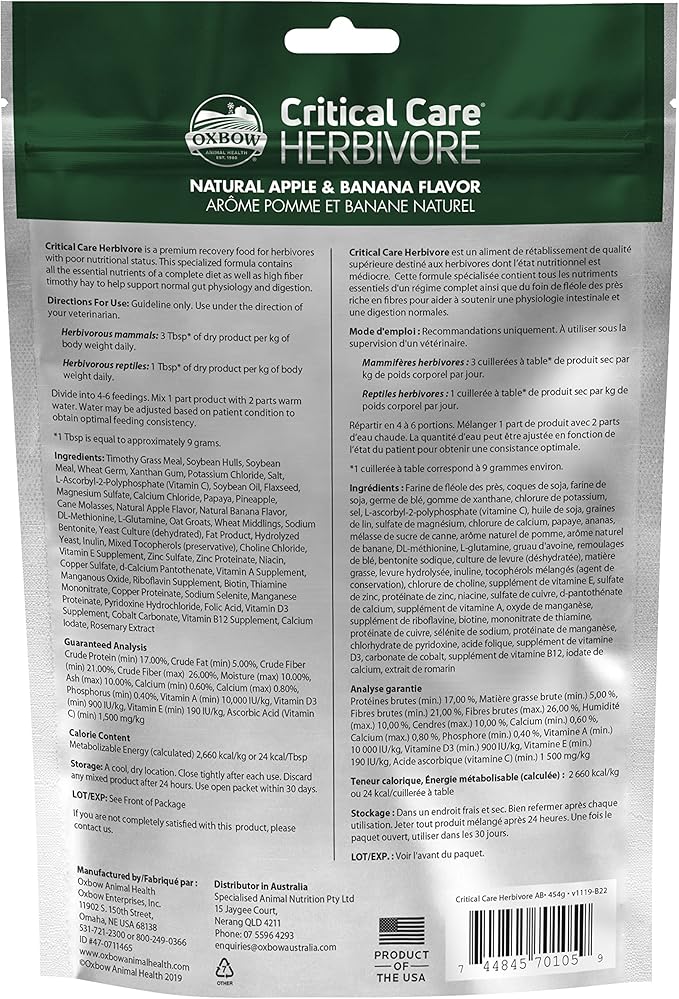 Oxbow Critical Care Herbivore, Emergency Rabbit & Guinea Pig Food, Natural Apple Banana Flavor, Critical Care Herbivore, Assist Feeding Formula for Pets, 454 gram bag