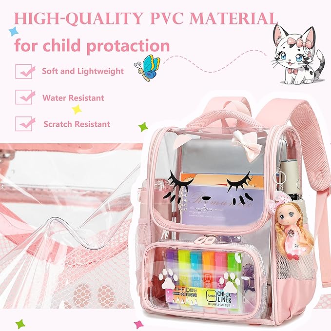 AO ALI VICTORY clear backpack Girls with Tote Bag Heavy Duty PVC Transparent Cute Backpack for Kids Toddler Preschool Bookbags Elementary School Bags See Through Casual Travel Daypack, Pink Set