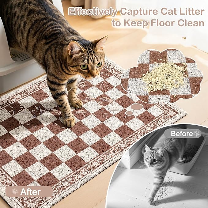 Bienbee Cat Litter Mat,24" x 15" Waterproof Litter Box Mat Litters Rug with Non-Slip Bottom, Easy to Clean Litter Trapping Mat for Cat,Light Beige Checkerboard M