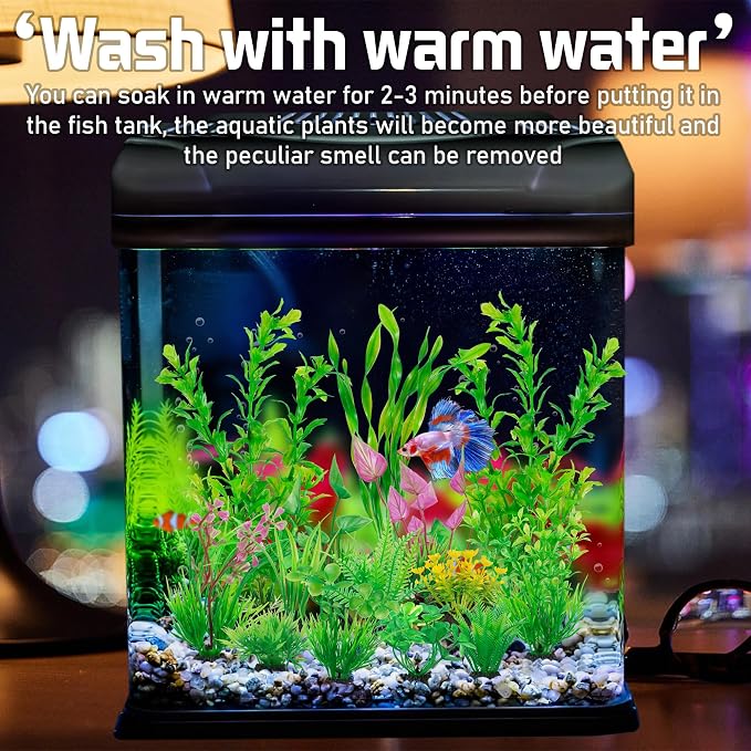 Ameliade 14 PCS Soft Plastic Aquarium Plants Green Fish Tank Decor Set | Aquarium Decorations and Accessories, Small Fish Bowl Artificial Safe Ornaments for Betta Goldfish and Turtle